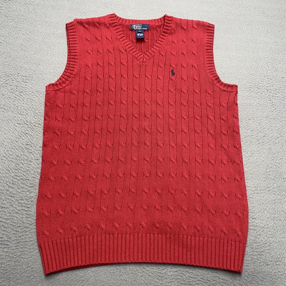Polo By Ralph Lauren Sweater Vest Boys XL Red V Neck Cable Knit Cotton Pony Logo